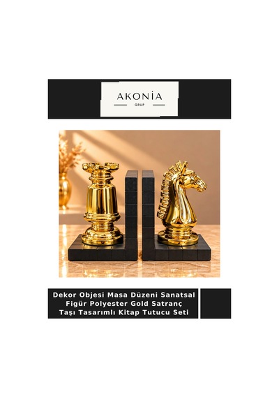 Dekor Objesi Masa Düzeni Sanatsal Figür Polyester Gold Satranç Taşı Tasarımlı Kitap Tutucu Seti