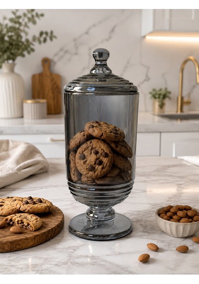 Chacha Home Halkalı Cam Kapaklı Ayaklı Drajellik & Şekerlik 780 Ml - 24 Cm Füme