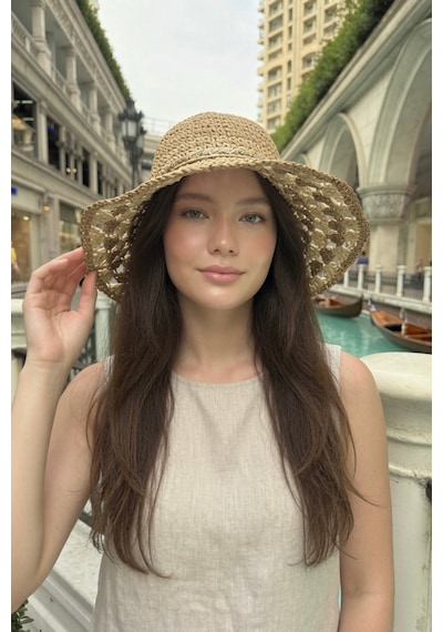 Mollycrush Kadın Yazlık Hasır Camel Şapka Dantel Kenarlı Bohem Plaj Aksesuarı Camel