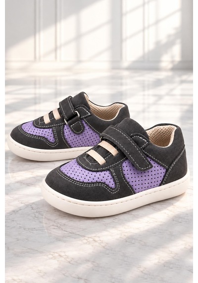 Rakerplus Bob Hakiki Deri Gri Mor Barefoot Cırtlı Lastikli Bebek Sneaker Ayakkabı