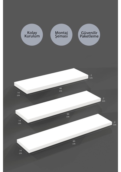 Yankı-BYEG 40 cm 50 cm 60 cm Mat Beyaz Mdf Duvar Rafı Gizli Bağlantı