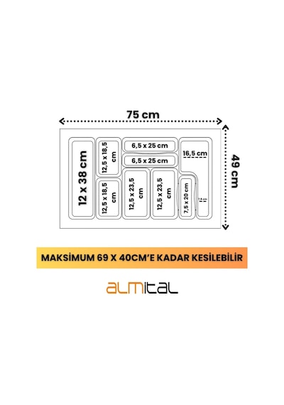 75x49 Cm. 9 Bölmeli Mikro Kabartma Desenli Kaşıklık, 69x40 Cm'e Kadar Kesilebilir. Antrasit