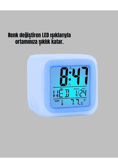 Küp Alarm Saati, 7 Renk Değişen, Termometre Ve Takvim Özellikli Çok Renkli