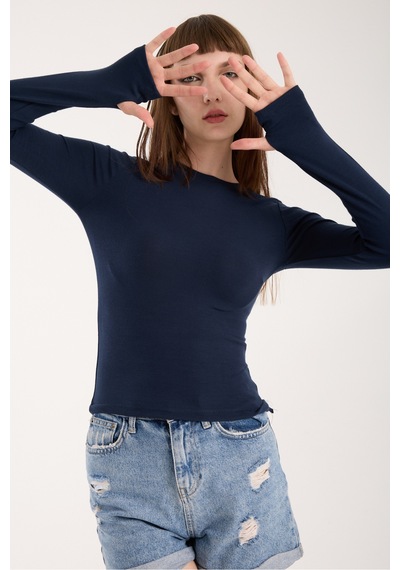 Gugus Kadın Modal/viskon Kumaş Bisiklet Yaka Parmak Geçirmeli Body Lacivert
