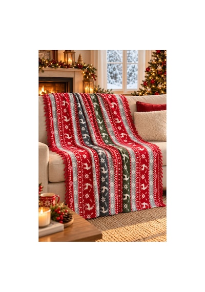 Nixa Yılbaşı Desenli Pamuklu Püsküllü Çift Kişilik Battaniye 180x220 Cm Kışlık Tv Battaniyesi, Koltuk Ve Yatak Örtüsü Çok Renkli