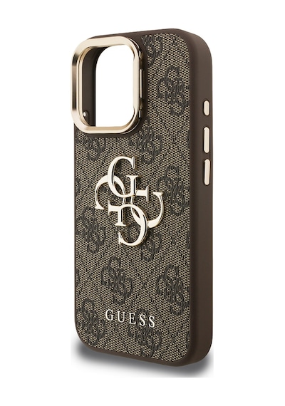 Apple iPhone 15 Pro Max Uyumlu Kılıf Guess Lisanslı Metal 4g Ve Yazı Logolu Kamera Standlı Kapak Kahve