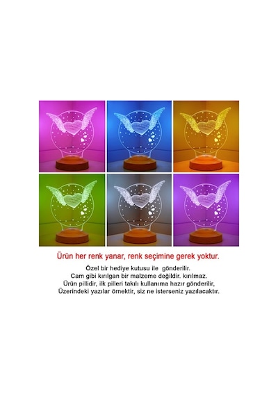 3Dled Lamba 3Boyutlu Kanatlı Kalp Sevgililer Günü Özel Hediye