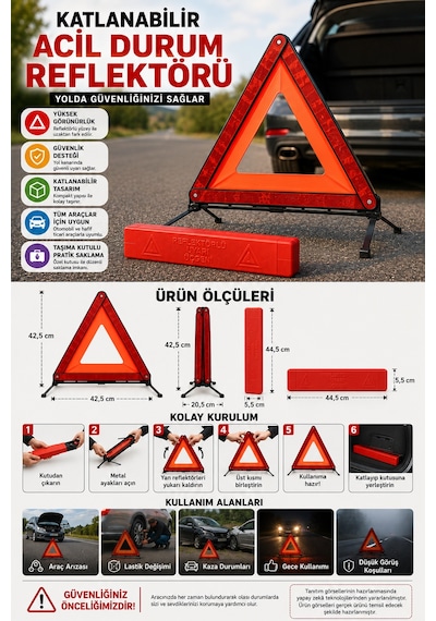 1 Adet Katlanabilir Üçgen Acil Durum Reflektörü Metal Ayaklı Taşıma Kutulu Araç Uyarı Üçgeni Kırmızı