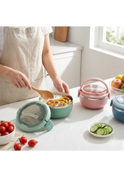 Deconox 700 Ml Paslanmaz Çelik Yemek Kabı, Kaşıklı, Saplı Ve Kilitli Yuvarlak Lunch Box, Mavi Yeşil Pembe Renk Seçenekli, 12x11x13cm Kapaklı Saklama Ve Taşıma Kabı