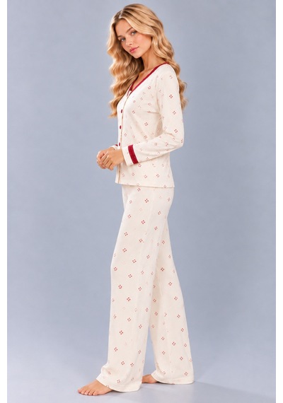 Pijamask Kadın Çiçek Ve Kelebek Desenli V Yaka Düğmeli Uzun Kollu Kaşkorse Pijama Takımı Ekru Pijamask Kadın Çiçek Ve Kelebek Desenli V Yaka Düğmeli Uzun Kollu Kaşkorse Pijama Takımı Ekru