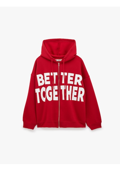 Koton Üç İplik Şardonlu Uzun Kollu Kapüşonlu Baskılı Fermuarlı Sweatshirt Kırmızı 7wal90005ık