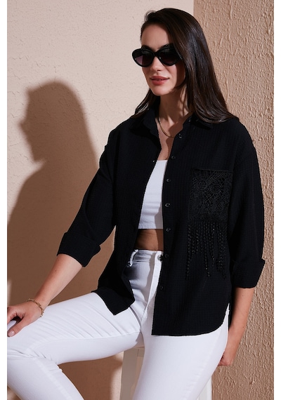 Lela Regular Fit Güpürlü Cep Detaylı Uzun Kollu Bayan Gömlek 6773215 Siyah
