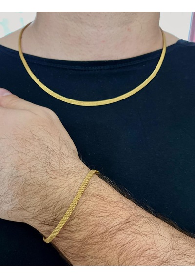 Gold Renk İtalyan Hasır Model 319l Çelik Erkek Kolye&bileklik Set