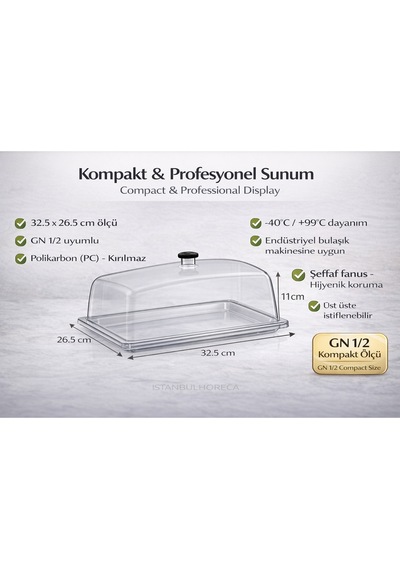 Polikarbon Gn 1/2 Fanus Kapaklı Servis Tepsisi 32.5x26.5 Cm Şeffaf Sunum Endüstriyel Kullanım