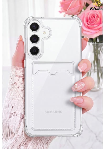 Fibaks Galaxy S25 Fe Uyumlu Kılıf Kamera Koruma Ve Köşe Korumalı Kartlıklı Cüzdanlı Darbe Emici Şeffaf Telefon Kapak