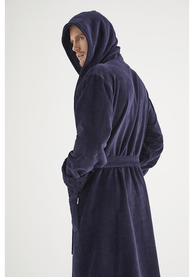 Yaka Jakarlı %100 Cotton Erkek Bornozu Lacivert