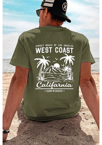 Genius Store Erkek Tişört Pamuklu Kumaş Sırt Baskılı Tişört Sokak Modası Rahat Kalıp T-shirt West-haki