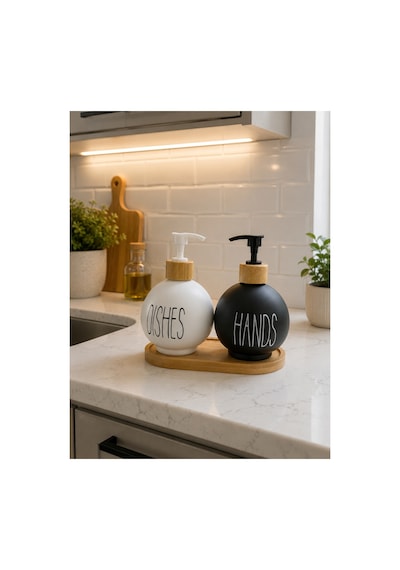 Buççin Online Mağaza Bambu Detaylı Çiftli Sabunluk Seti 450ml Cam Beyaz Çok Renkli