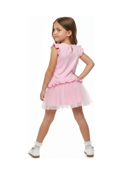 Toontoy Kids Toontoy Kız Çocuk Regular Fit Bisiklet Yaka Fırfır Kol Fiyonk Detaylı Tüllü Elbise 25047 Pembe