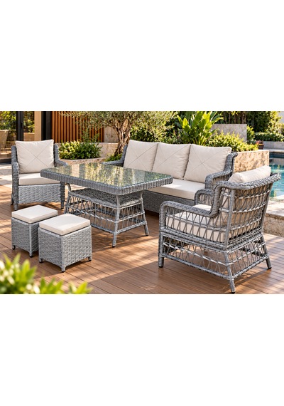 Rattan Bahçe Ve Balkon Takımı Ada Model 3+1+1 Açık-gri
