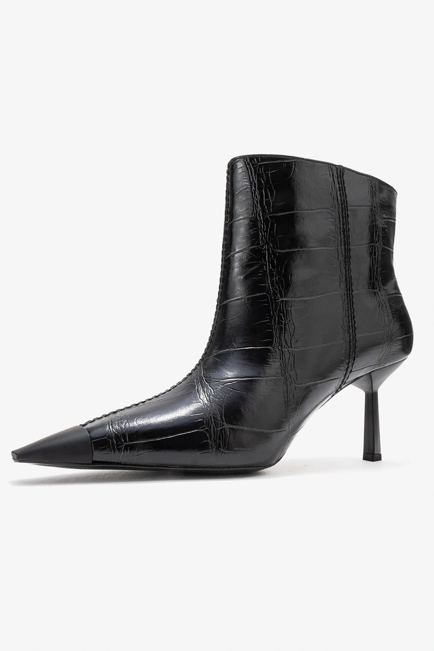 Luvishoes Luvi Shoes Rassel Siyah Baskı Mat Burunlu Kadın İnce Topuklu Bot Siyah Kroko