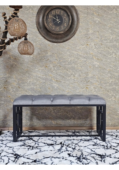 Zafir Siyah Boyalı İçi Kareli Diktörtgen 100 Cm X 40 Cm Oturak Puf - Bench - Makyaj Oturağı - Oturak Gri