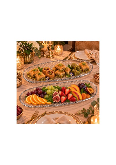 2 Li En Büyük Boy Cam Kayık Tabak 39,5 Cm Premium Servis Sunum Tabağı Uzun Oval Meyve Meze Tatlı Kahvaltı Tabağı Şeffaf