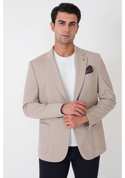Comfort Fit Çift Yırtmaç Torba Cep Metal Düğmeli Bej Blazer Ceket C 734