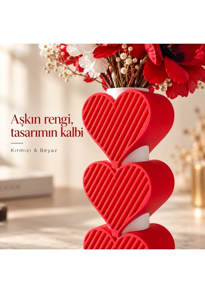 Kalpli Vazo Kırmızı Beyaz 20 Cm Dekoratif Sevgiliye Hediye Beyaz - Kırmızı