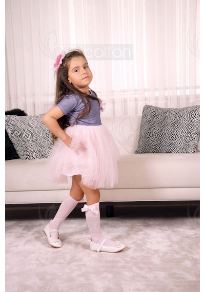 Tütü Etekli Bebe Yaka Modelli Özel Gün Ve Geceler İçin Kız Çocuk Tüllü Elbise Laci-pembe Lacivert - Pembe