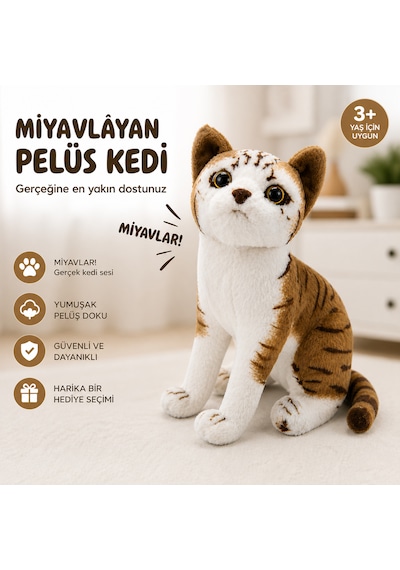 Miyavlayan Peluş Kedi Oyuncak Sesli, Yumuşak Ve Gerçekçi Tasarım 3+ Yaş Açık Yeşil