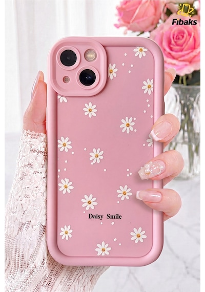 Fibaks iPhone 13/14 Uyumlu Kılıf Yumuşak Dokulu Papatya Desenli Yumuşak Kamera Korumalı Silikon Kapak