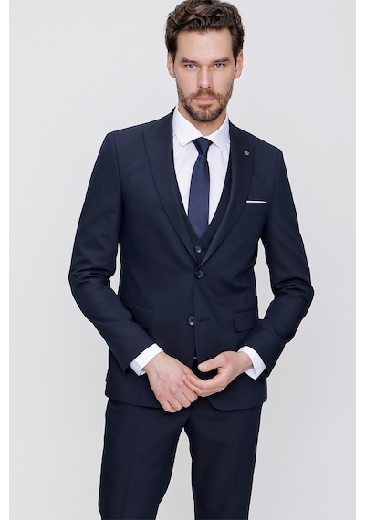 Morven Lacivert Yelekli Jakarlı Slim Fit Dar Kesim 6 Drop Erkek Takım Elbise Lacivert
