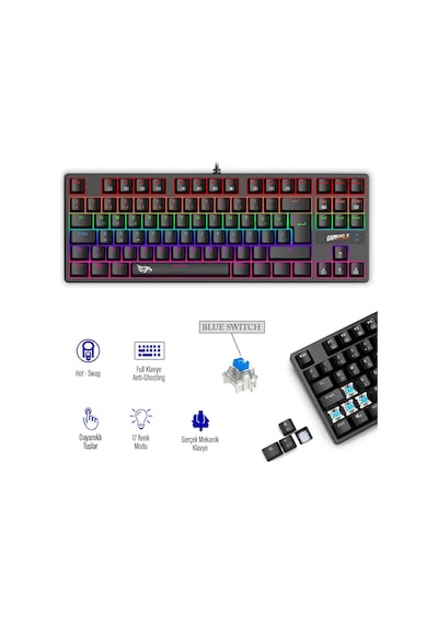 Rgb Gaming Klavye Mekanik Hissiyatlı 87 Tuşlu Kablolu Siyah Oyuncu Kompakt Gaming Tasarım Profesyonel Ekipman Işıklı Gaming Klavye