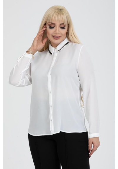 Pera Moda Büyük Beden Yaka Boncuklu Gömlek Beyaz