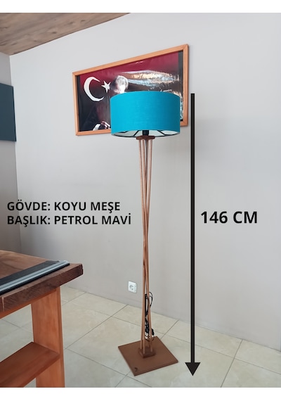 Köşe Lambası- Ahşap Lambader Koyu Meşe- Petrol Mavi Başlık