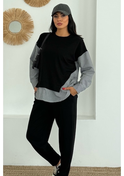 Ded Collectıon Kadın Mavi Beyaz Çizgili Modern Tasarım Uzun Kollu Gömlek Detaylı Sweatshirt Modal Takım Siyah