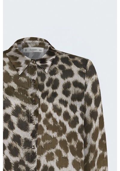 Sateen Leopar Desenli Klasik Gömlek - Kahve-137906