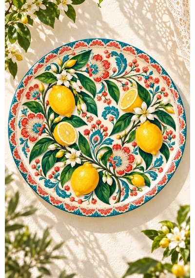 Dekoratif Duvar Tabağı Limon Ve Anadolu Motifleri Dekorlu Seramik Tabak Bej