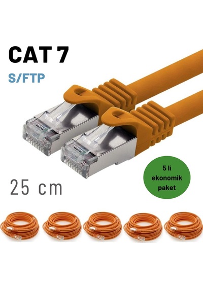 5 Adet 25 Cm Turuncu, Cat7 Kablo S/ftp Ethernet Network Lan Ağ Kablosu