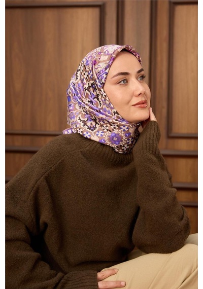Silk Home Twill İpek Eşarp Vizon Mor Desenli Tok Duruşlu Kaymaz 90x90 Çok Renkli