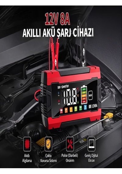 12v/8a Pulse Onarım Modlu Akü Şarj Cihazı Dijital Göstergeli Akıllı Akım Korumalı - Kış/yaz