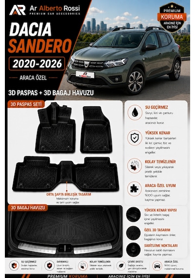 Dacia Sandero 2020-2026 Araca Özel 3d Paspas + 3d Bagaj Havuzu