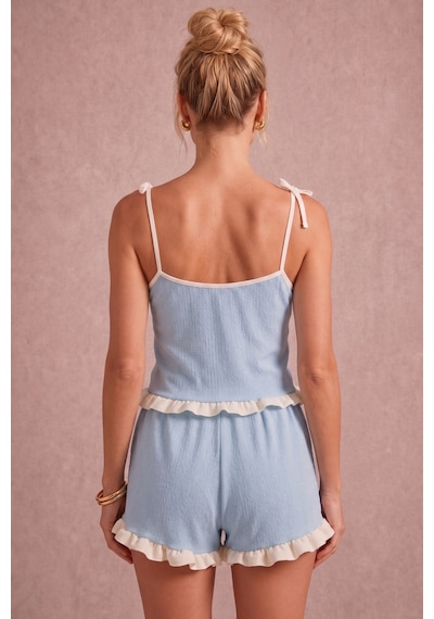 Bella Notte Mavi Kadın Fırfır Detaylı Askılı Şortlu Pijama Takımı