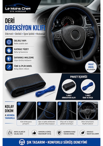 Fiat Uno Fire Mavi Deri Direksiyon Kılıfı Dikmeli Delikli İğne İplikli Kokusuz