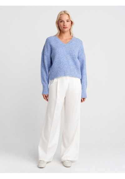 Dilvin 10645 V Yaka Yumuşak Dokulu Triko Kazak-indigo M. İndigo M.