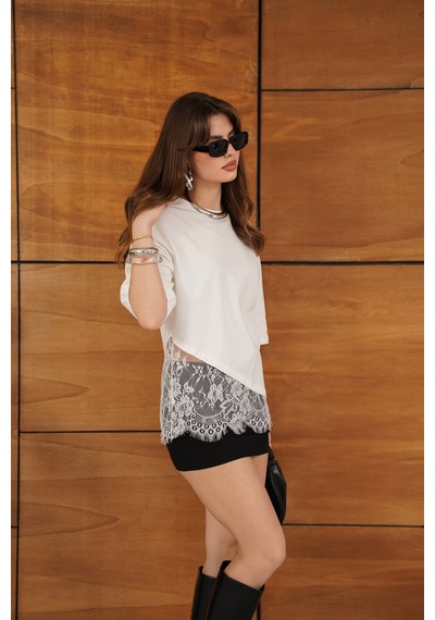 Verymoda Dantel Detaylı Asimetrik Tişört D2953 Krem