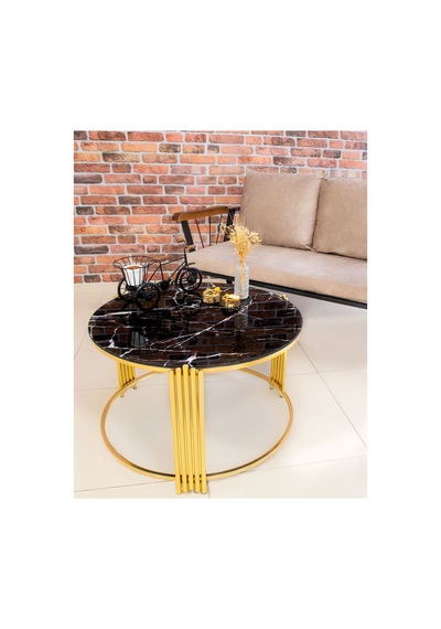 Lioon Art Piano Siyah Mermer Cam Gold Orta Sehpa Zigon Gold