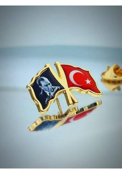 Yörük Tasarım Türk Bayrağı & Atatürk Altın Kaplama Mineli Döküm Yaka Rozeti
