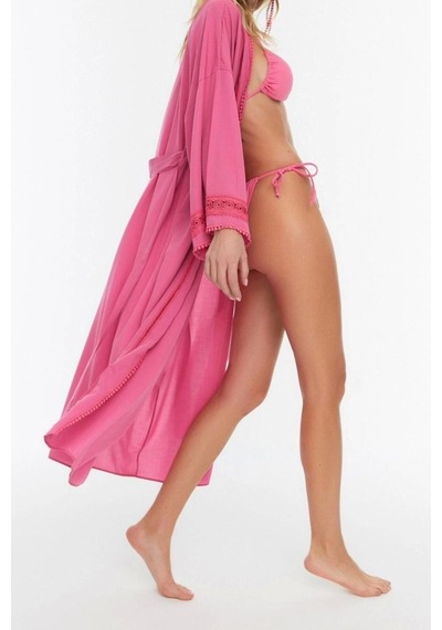 Ersefa Moda Dokuma Regular Kalıp Uzun V Yaka Standart Kol Crinkle Basic Pembe